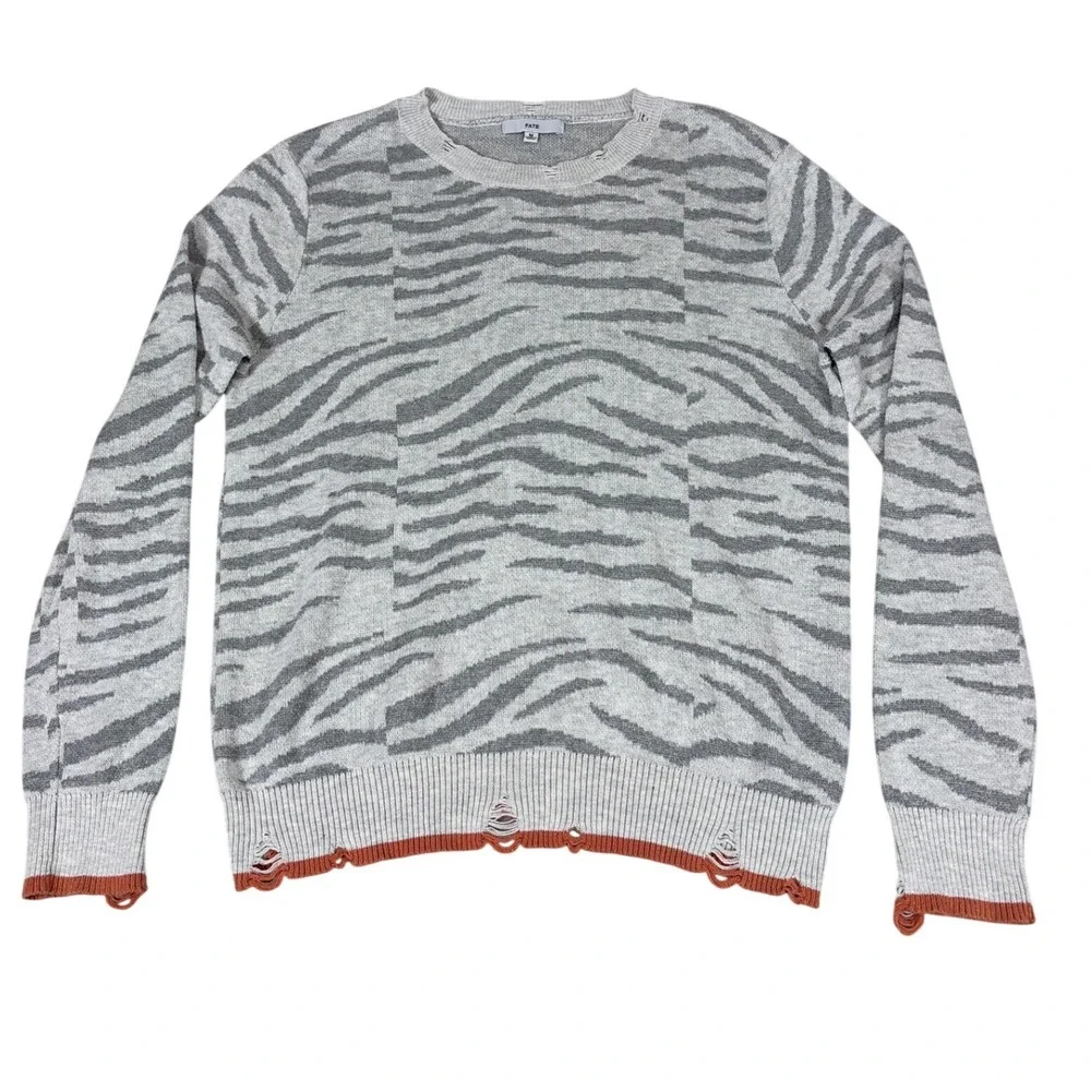 Fate Womens Zebra Print Distressed Cotton Knit Sweater Grey Orange FWM2932 M